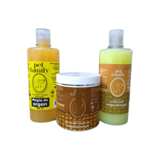 "Kit Magia do Argan Pet Family: Shampoo, Condicionador e Máscara para hidratação, brilho e nutrição dos pelos de cães e gatos, com óleo de Argan."