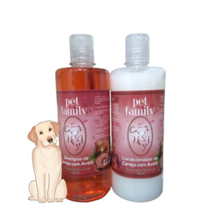 Kit Shampoo e Condicionador Pet Family Cereja e Avelã para cães e gatos, promovendo hidratação, brilho e maciez com fragrância suave. 500 ml.