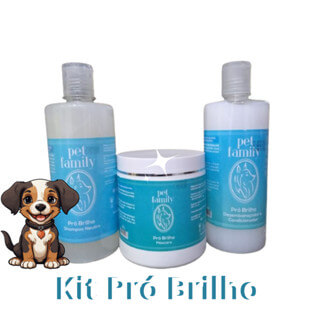 Kit Hidratante Pró Brilho Pet Family para cães e gatos, com shampoo, condicionador e máscara para hidratação e brilho intensos.