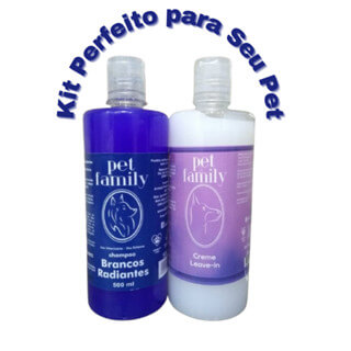 Kit Shampoo Clareador e Leave-in Pet Family para cães e gatos, ideal para pelagens claras, com brilho, maciez e fórmula vegana.